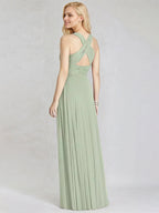 Salbeigrünes Chiffon-A-Linien-Kleid mit V-Ausschnitt, ärmellos, bodenlang, Brautjungfernkleid