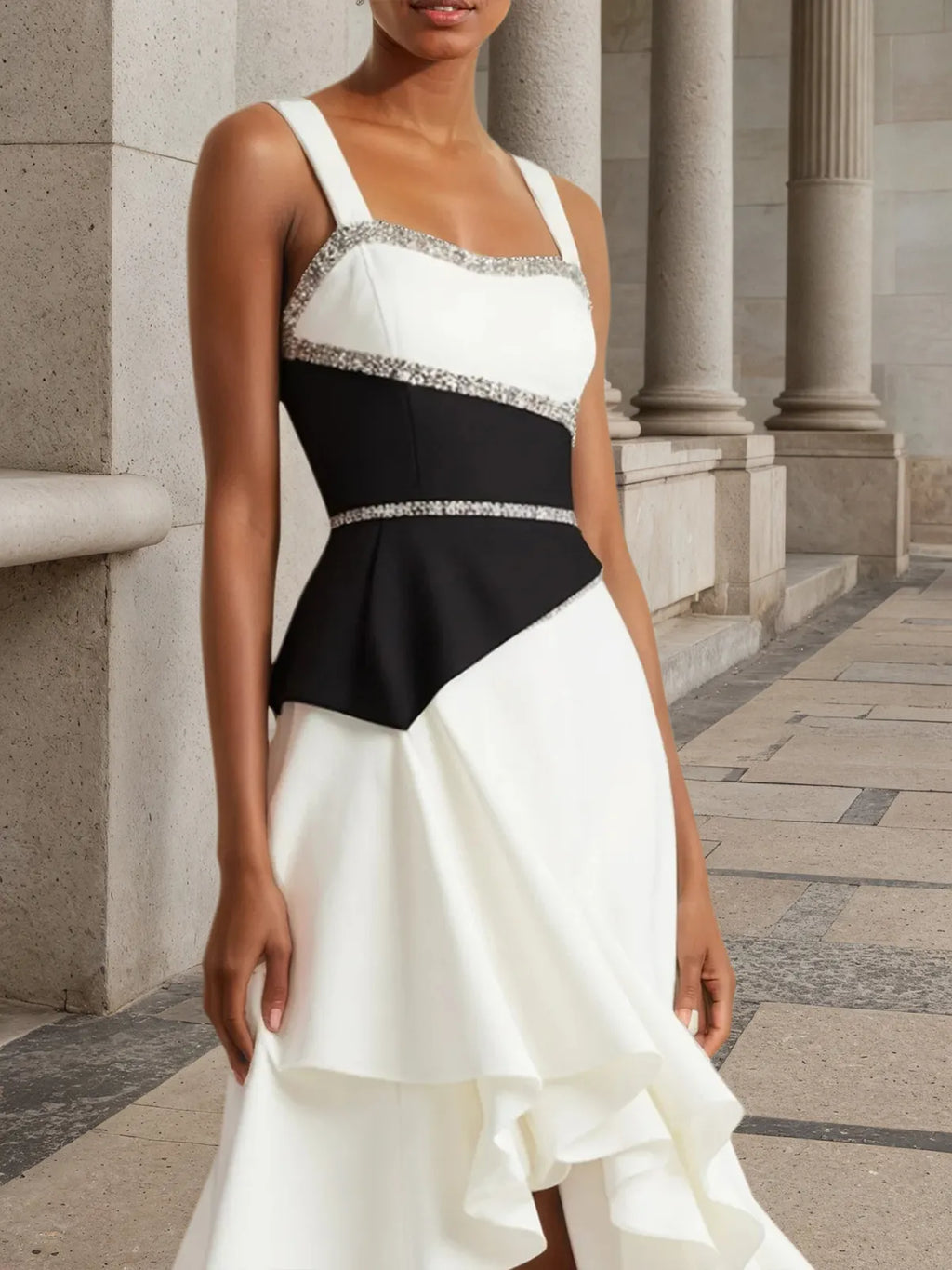 Weißes Pailletten-Peplum-Klassik-Gallus A-Linien Midikleid