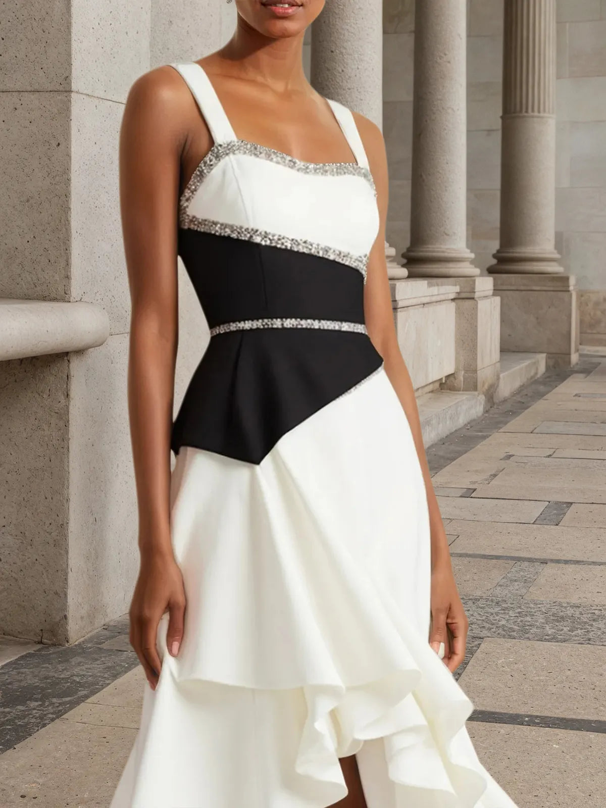 Weißes Pailletten-Peplum-Klassik-Gallus A-Linien Midikleid