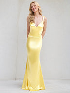 Yellow Satin Trumpet/Mermaid V Neck Sleeveless Floor Length Bridesmaid Dress