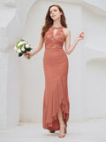 Salmon Chiffon Sheath/Column Halter Neck Sleeveless Asymmetrical Bridesmaid Dress