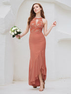 Salmon Chiffon Sheath/Column Halter Neck Sleeveless Asymmetrical Bridesmaid Dress