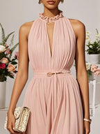 Rosa Chiffon Lotusblattkragen ärmelloses A-Linien Maxikleid