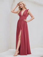 Cinnamon Rose Chiffon A Line V Neck Sleeveless Floor Length Bridesmaid Dress