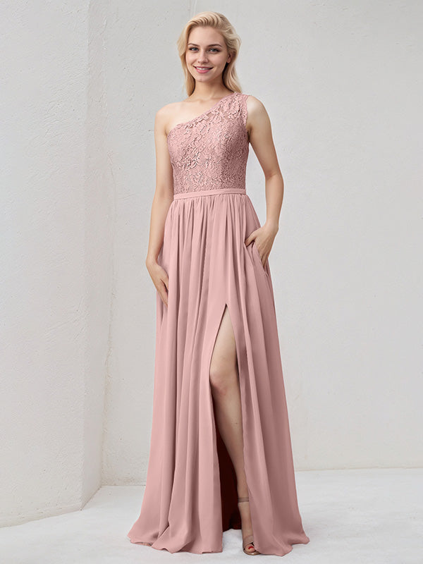 Abito da damigella lungo in chiffon rosa polvere a linea a trapezio, monospalla con applicazioni