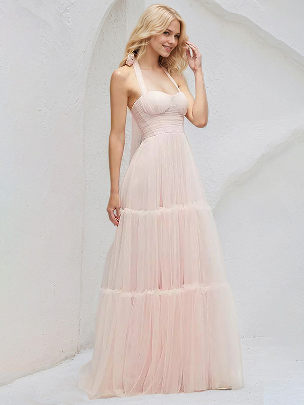 A Line Halter Neck Sleeveless Floor Length Tulle Bridesmaid Dresses With Bow