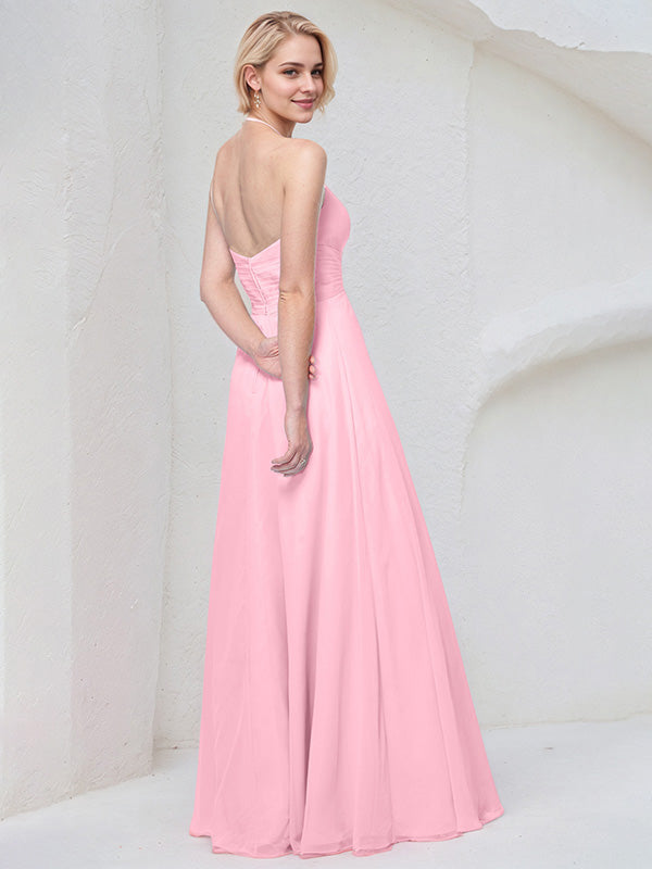 Robe demoiselle d'honneur rose en chiffon ligne A col halter longue