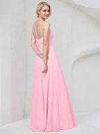 Robe demoiselle d'honneur rose en chiffon ligne A col halter longue