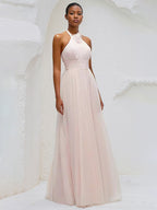 A Line Halter Neck Sleeveless Floor Length Tulle Bridesmaid Dresses