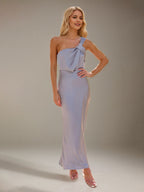 Robe demoiselle d'honneur bleu acier en satin, coupe fourreau/colonne, à une épaule, longueur cheville