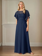 A Line Chiffon Boat Neck Flutter Sleeve Floor Length Dress