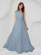 Dusty Blue Chiffon A Line One Shoulder Sleeveless Floor Length Bridesmaid Dresses