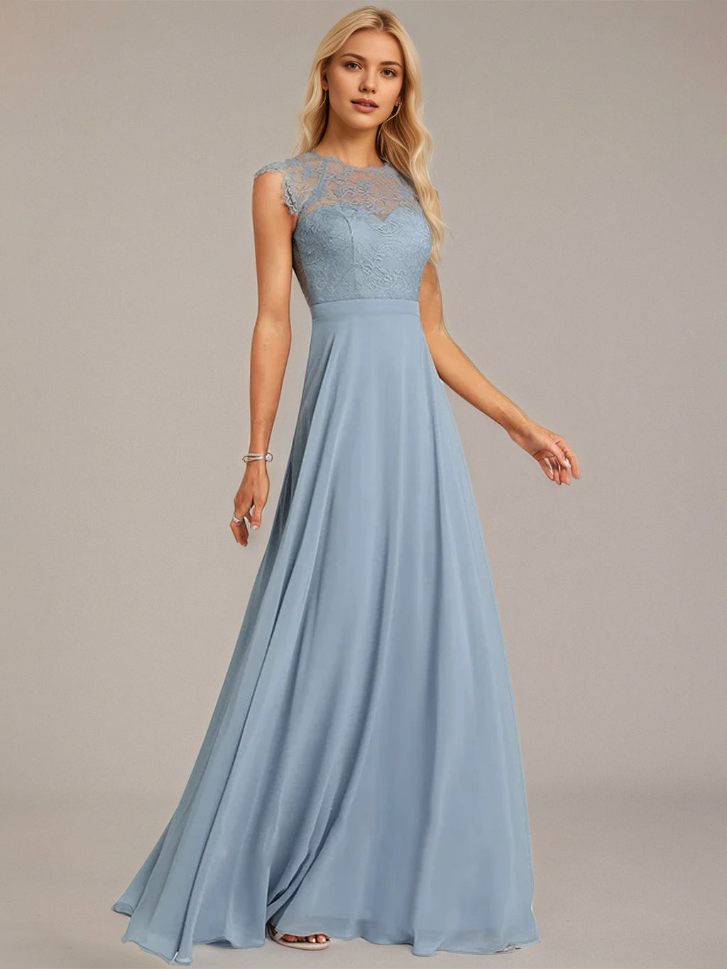 Dusty Blue A-Line Scoop Floor-Length Lace Chiffon Bridesmaid Dress