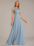 Dusty Blue A-Line Scoop Floor-Length Lace Chiffon Bridesmaid Dress