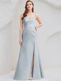 Ice Blue Satin A Line Spaghetti Straps Sleeveless Floor Length Bridesmaid Dress
