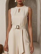 Damen cremeweißes, florales Jumpsuit mit Ausschnitten, Rundhalsausschnitt, ärmellos, Urlaub