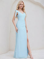 Sky Blue Chiffon Sheath/Column V Neck Sleeveless Floor Length Bridesmaid Dress