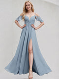 Dusty Blue Chiffon A Line Spaghetti Straps Floor Length Bridesmaid Dress With Ruffle