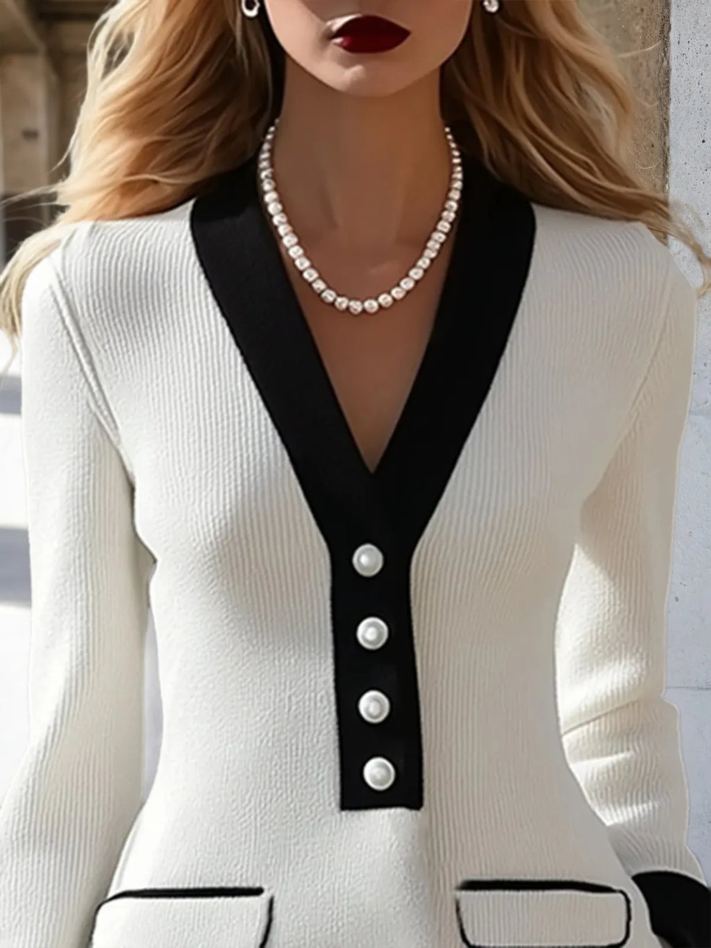 High-End And Elegant Black Edge White Knitted Midi Dress