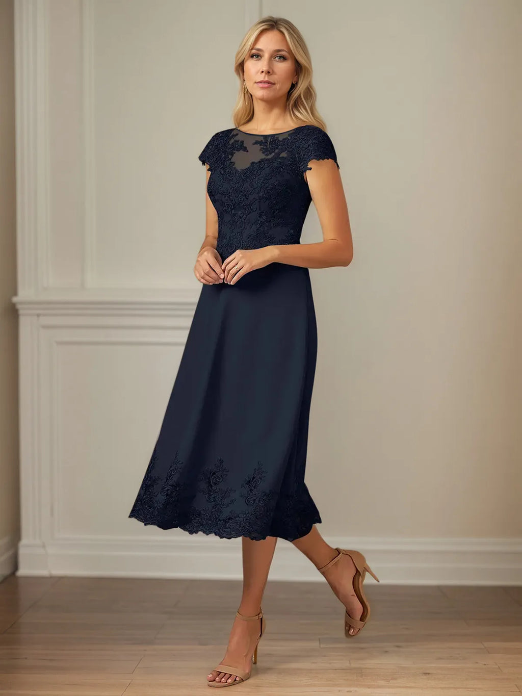 A-Linien Kleid mit Rundhalsausschnitt, kurzen Ärmeln und knöchellangem Chiffon, Mutter der Braut Kleid