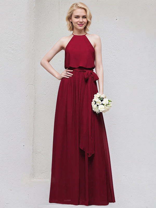 Bordeauxrotes A-Linien U-Ausschnitt bodenlanges Chiffon Brautjungfernkleid mit Schleife