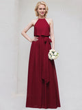 Bordeauxrotes A-Linien U-Ausschnitt bodenlanges Chiffon Brautjungfernkleid mit Schleife