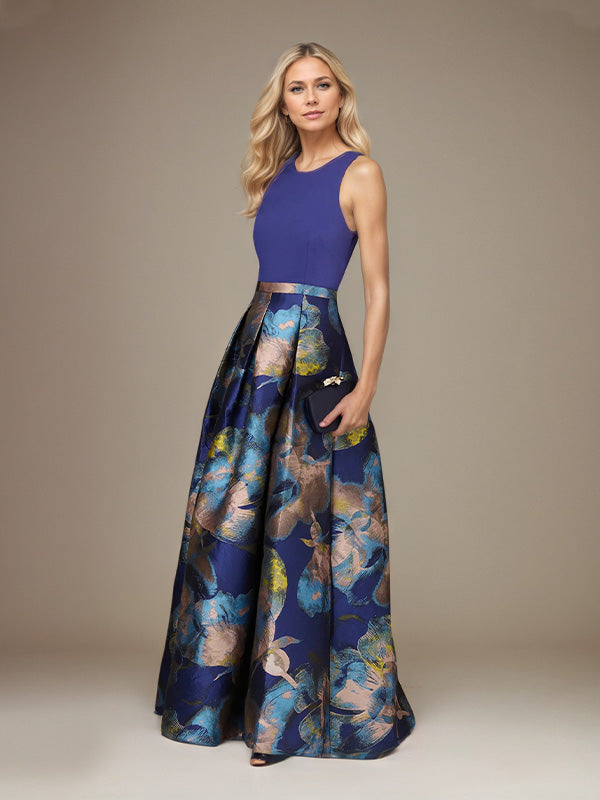 Royal Blue A Line Satin Jewel Neckline Sleeveless Floor Length Floral Dress