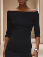 Robe midi sirène en jersey noir à manches mi-longues épaules dénudées avec effet floqué