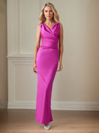 Raspberry Satin Sheath/Column V Neck Floor Length Mother of the Bride Dresses