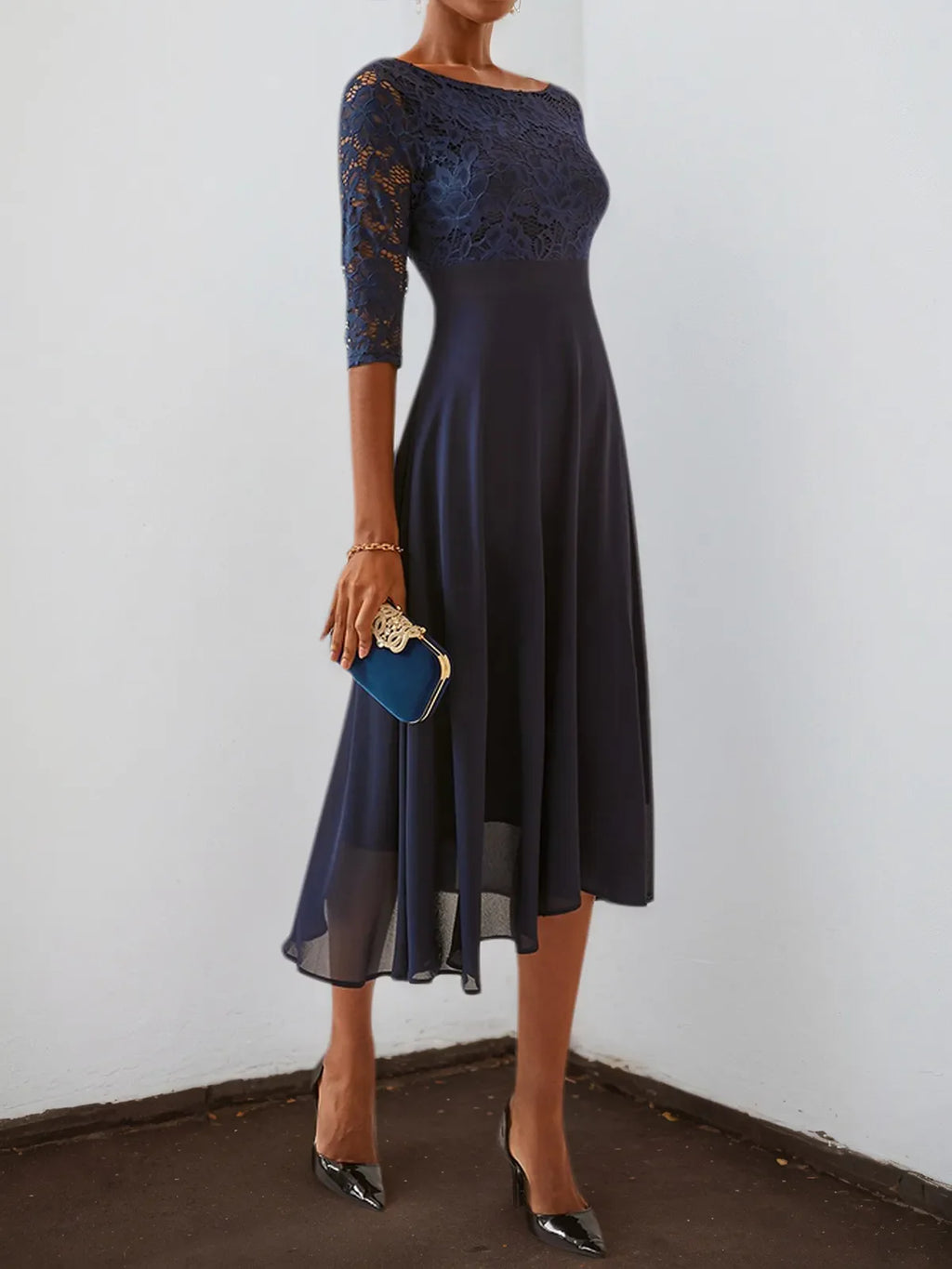 Bläulich-lila Spitzen-Chiffon Kleid mit Rundhalsausschnitt, halben Ärmeln, A-Linie, Midi-Länge