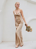 Champagne Satin Sheath/Column Asymmetrical Floor Length Bridesmaid Dress