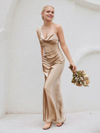 Champagne Satin Sheath/Column Asymmetrical Floor Length Bridesmaid Dress