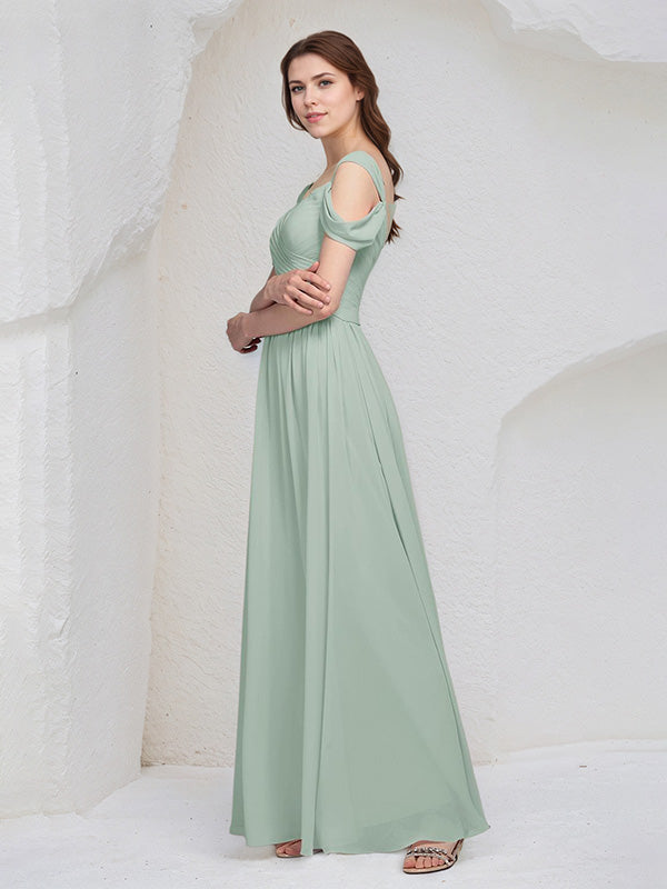 Abito lungo da damigella in chiffon salvia a linea A con scollo a V, senza maniche e pieghe