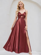 Rosewood Satin A Line V Neck Sleeveless Floor Length Bridesmaid Dress
