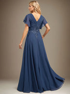 A Line V Neck Floor Length Lace Chiffon Evening Dress With Pleated Sequins