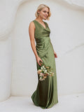 Olive Green Satin Sheath/Column V Neck Floor Length Bridesmaid Dress