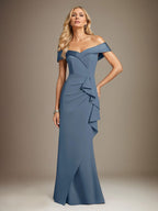 Vestido largo azul acero trompeta/sirena de crepé elástico off the shoulder sin mangas
