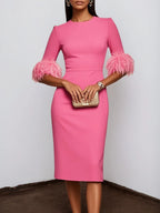 Rose Red Feather Classic Crew Neck Half Sleeve Sheath Midi Dress