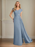 Robe mère de la mariée ligne A en chiffon col en V manches courtes longueur au sol