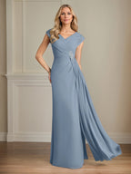 Robe mère de la mariée ligne A en chiffon col en V manches courtes longueur au sol