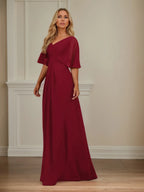 A-Linien Kleid mit V-Ausschnitt, halblangen Ärmeln, bodenlang aus Chiffon, Mutter-des-Braut-Kleid