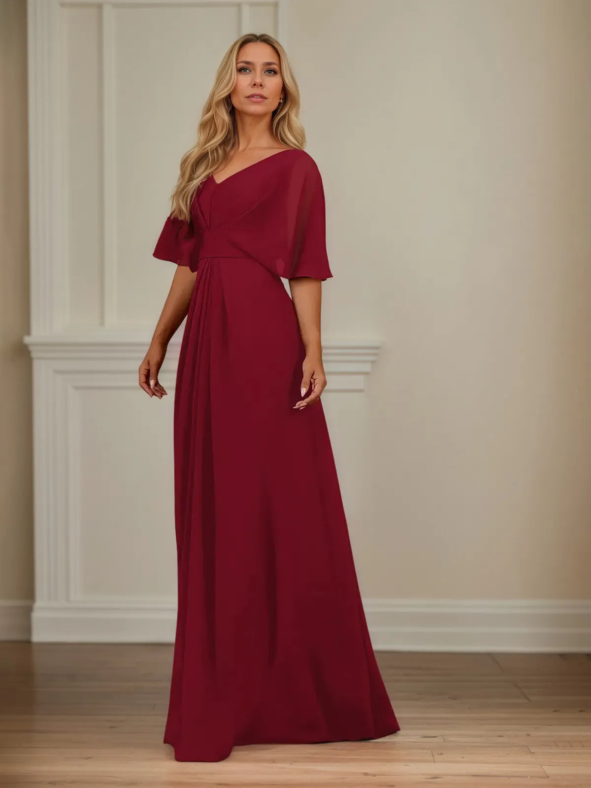 A-Linien Kleid mit V-Ausschnitt, halblangen Ärmeln, bodenlang aus Chiffon, Mutter-des-Braut-Kleid