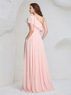 Vestido de Dama de Honra Longo em Chiffon Rosa, Sem Mangas, com Um Ombro Só e Babados