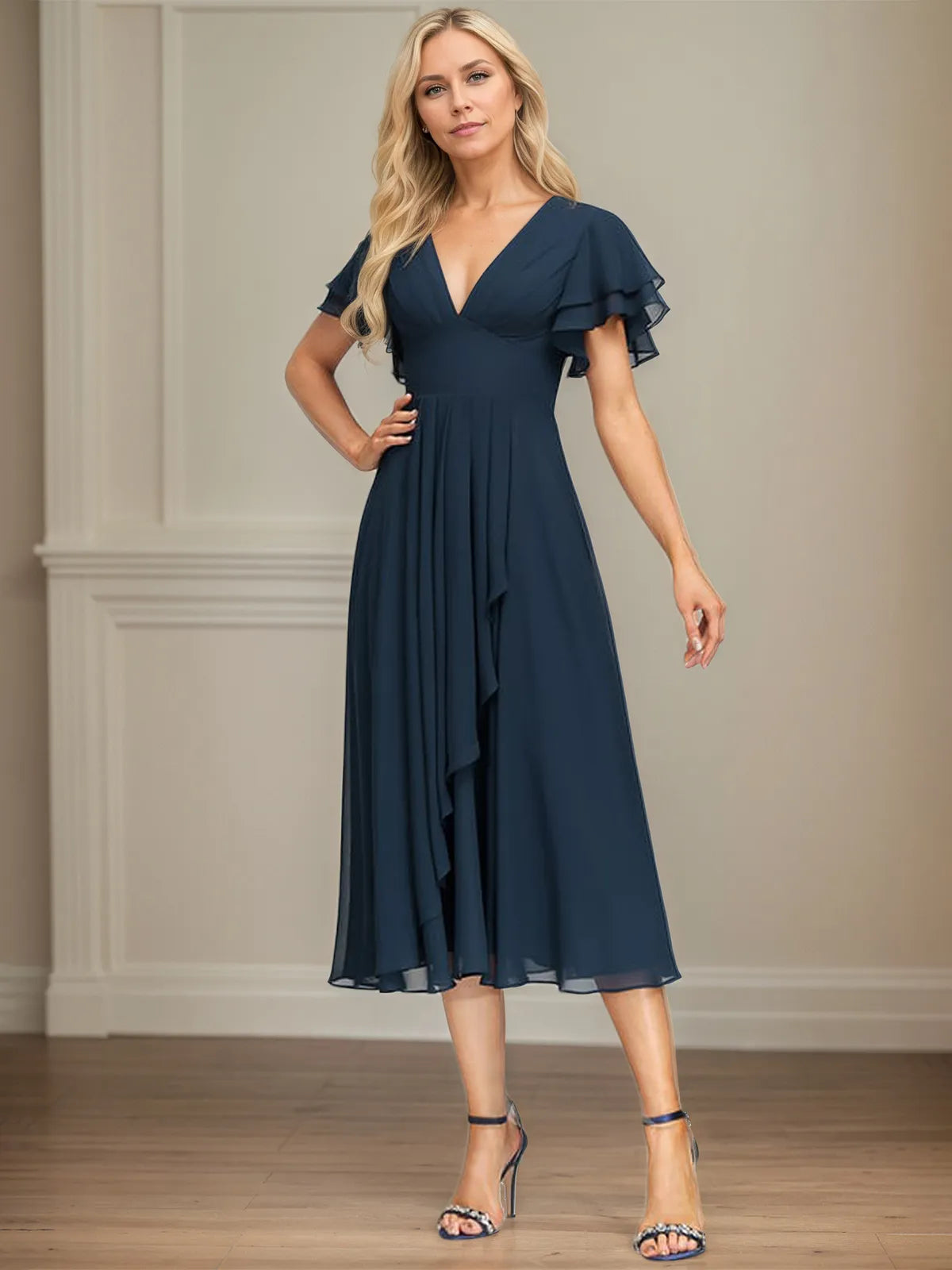 Vestido de chiffon em linha A, comprimento tea, decote em V e babados em cascata