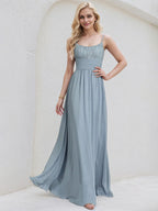 Dusty Blue Chiffon A Line Spaghetti Straps Sleeveless Floor Length Pleated Bridesmaid Dress