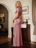 Satin Etuikleid/Säulenkleid mit V-Ausschnitt, kurzen Ärmeln, bodenlang