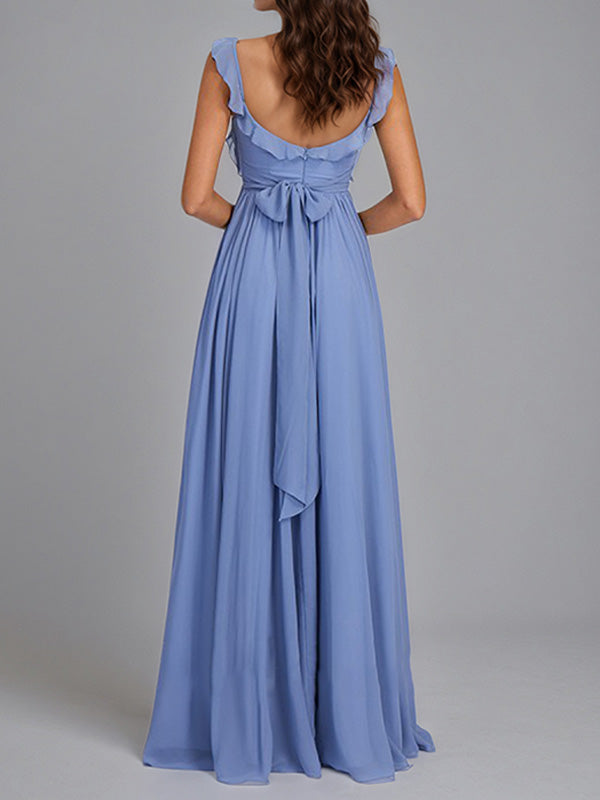 A Line Chiffon Square Neck Floor Length Sleeveless Bridesmaid Dress With Ruffles