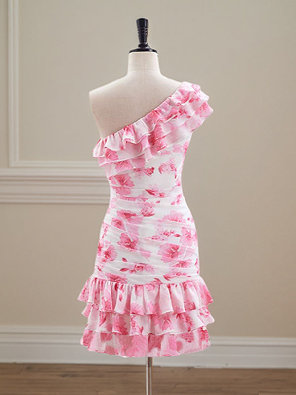 Vestido curto justo com babados e estampa floral, um ombro só, para formatura