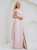 Pink Chiffon A Line One Shoulder Sleeveless Floor Length Bridesmaid Dress