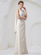 Abito da damigella avorio in chiffon, modello a colonna, monospalla, senza maniche, lungo fino a terra